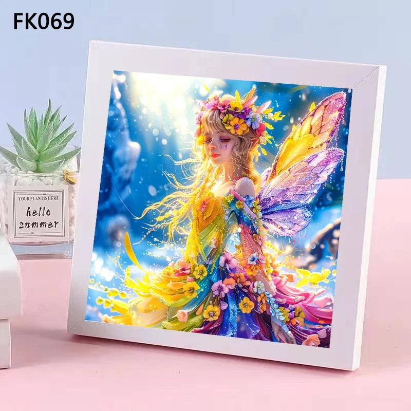 Pintura de diamantes de paisaje 5D, pintura de diamantes de mariposa de niña de dibujos animados con marco de fotos, artesanía hecha a mano,