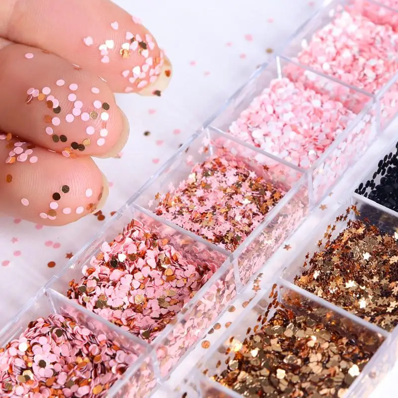 12 Gitter holografische Nagelflocken Pailletten Stern Herz Runde Form Nail Art Glitzer Pailletten gemischt schillerndes Pulver Nageldekoration