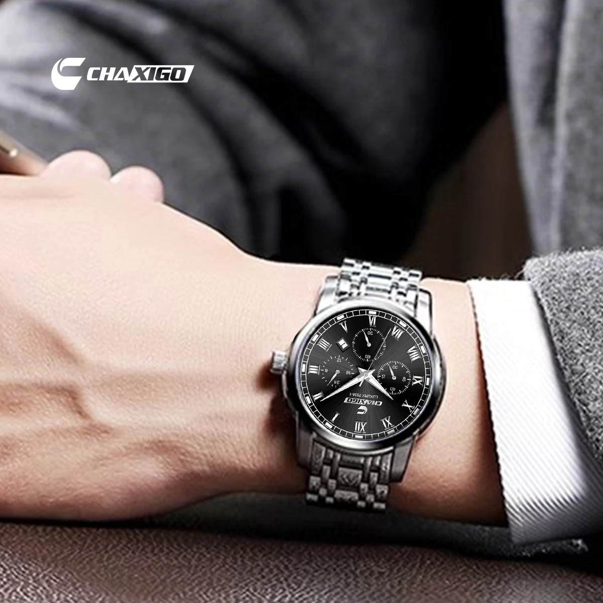 Luxury Men's Watch CHAXIGO Business Genuine Stainless Steel Waterproof Quartz Watch Fashion 40mm Large Dial Wristwatch Luminous