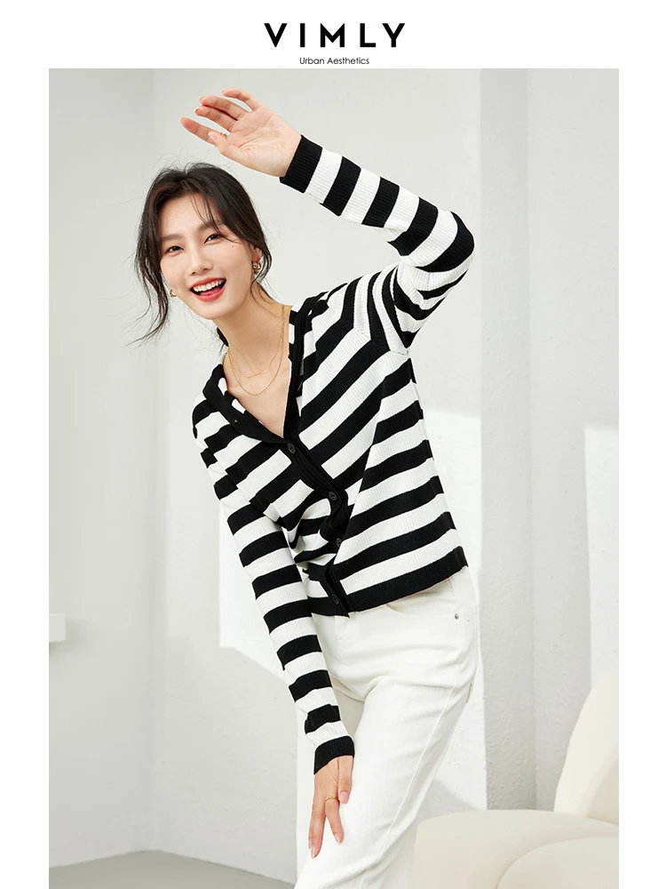 Vimly Wool Blend Hooded Knitted Cardigans Spring Black White Striped Sweater Coat Woman 2024 High Strecth Female Knitwear 72782