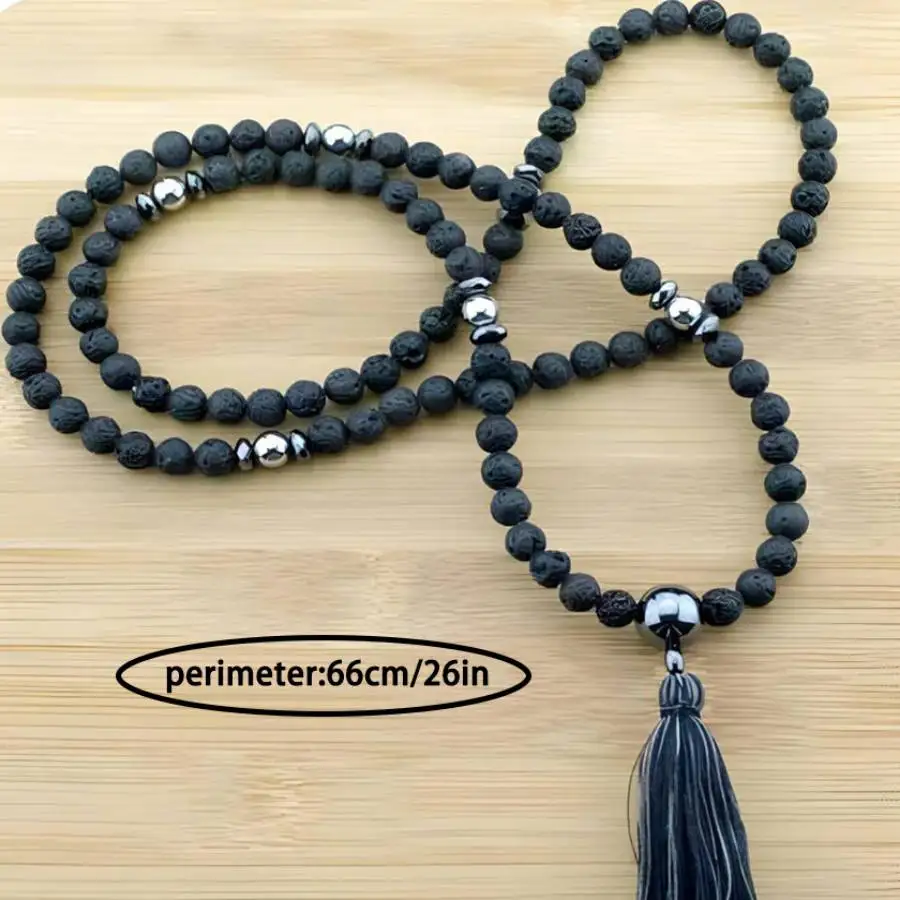 Handmade natural volcanic rock beads 108 necklace,men's cuff button necklace,Ramadan prayer bead,women's meditation,holiday gift view 2