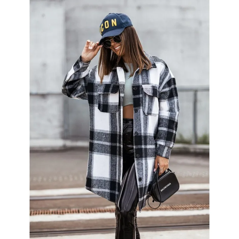 

2025 NEW Single Breasted Tren Coat Fashion Long Autumn Winter Women's Clothing Long Sve Woolen Plaid Overcoat Coat