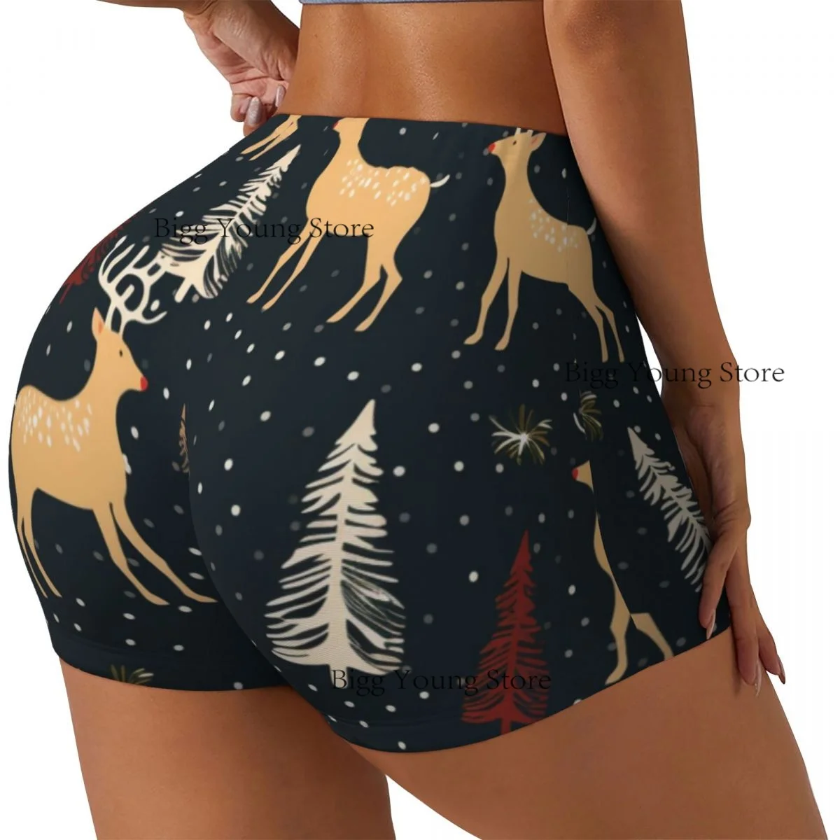 

Женские шорты для йоги с оленями и деревьями, темные стильные шорты для подтяжки ягодиц, удобные шорты для фитнеса, тренажерного зала