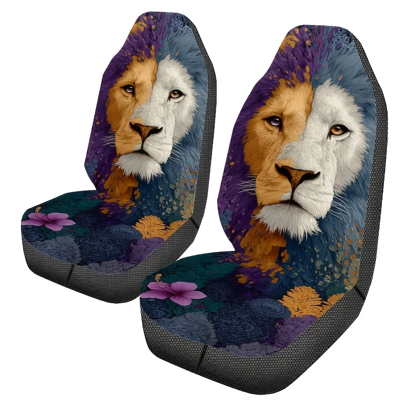 A Set Of Two Bohemian Style Dual-Color Lion Head Printed Universal Car Seat Covers, Easy To Clean And Suitable For Both Men And