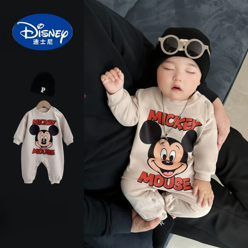 

Disney Unisex Baby Khaki Romper | Premium Cotton Mickey Print Korean Style Onesie - Soft & Trendy
