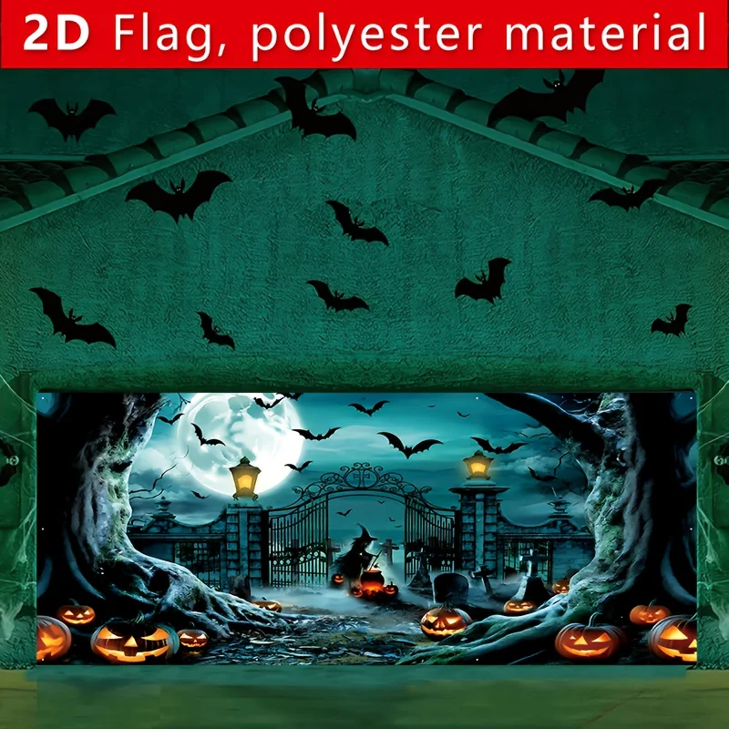 طائرة ثنائية الأبعاد، لافتة باب جراج كبيرة للهالوين - مشهد مقبرة رعب مع الخفافيش والسحرة وفوانيس اليقطين - ألياف البوليستر