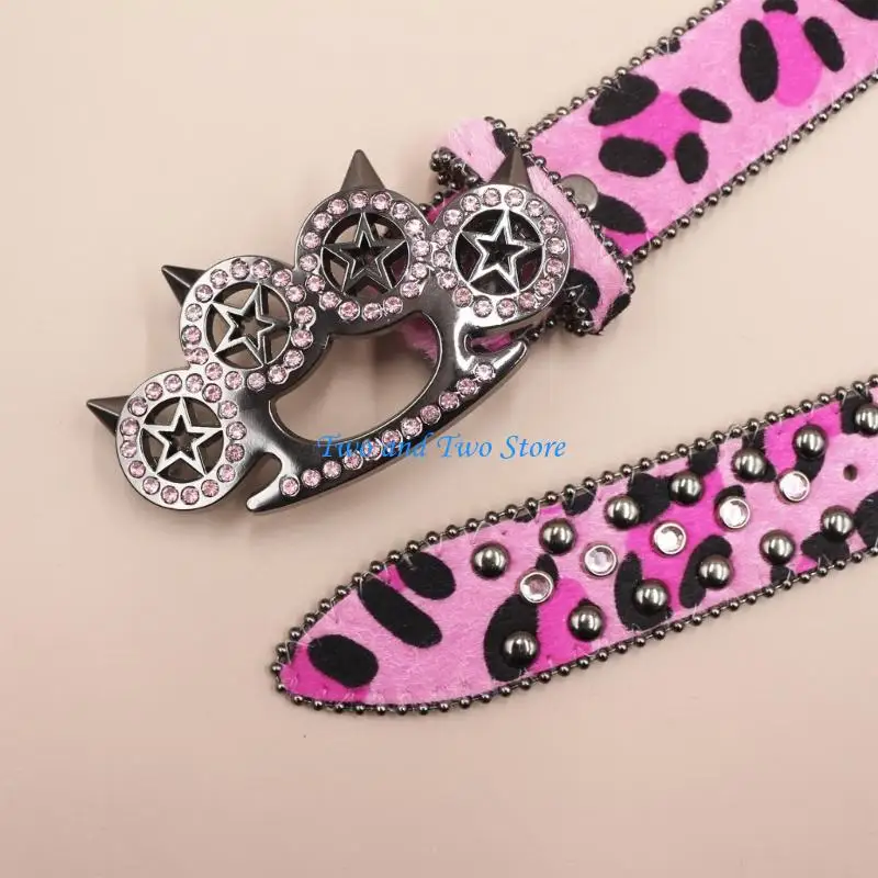 HX6F Women's Men's Oversized Belt Leopard Print Rhinestones Embellished Rivets Accent Western Girdle for Hip Hop Event