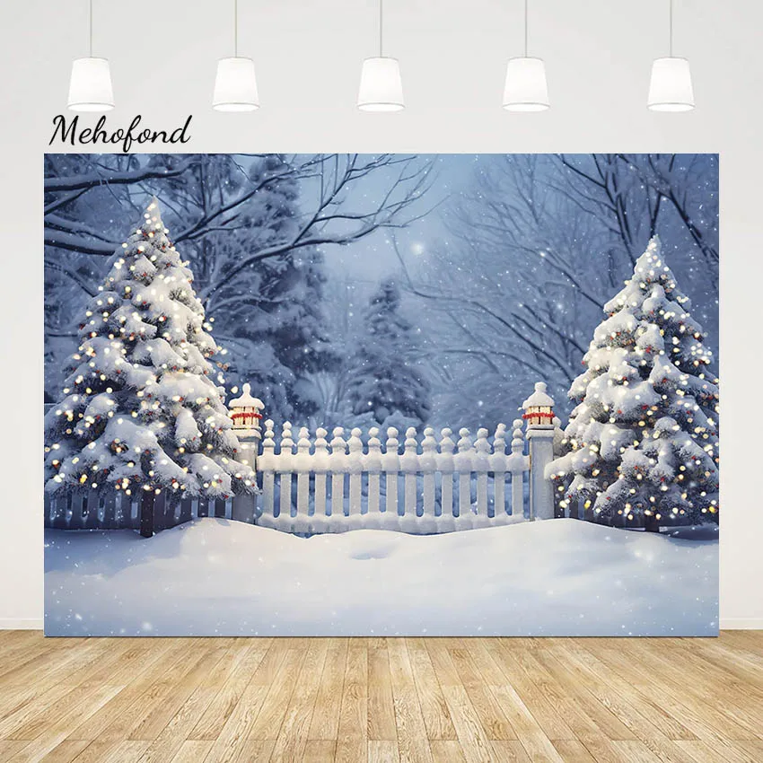 Mehofond Winter Forest White Snow Scene Photozone Christmas Tree Bokeh Fence Decorations Backdrop for Photographers Photo Studio