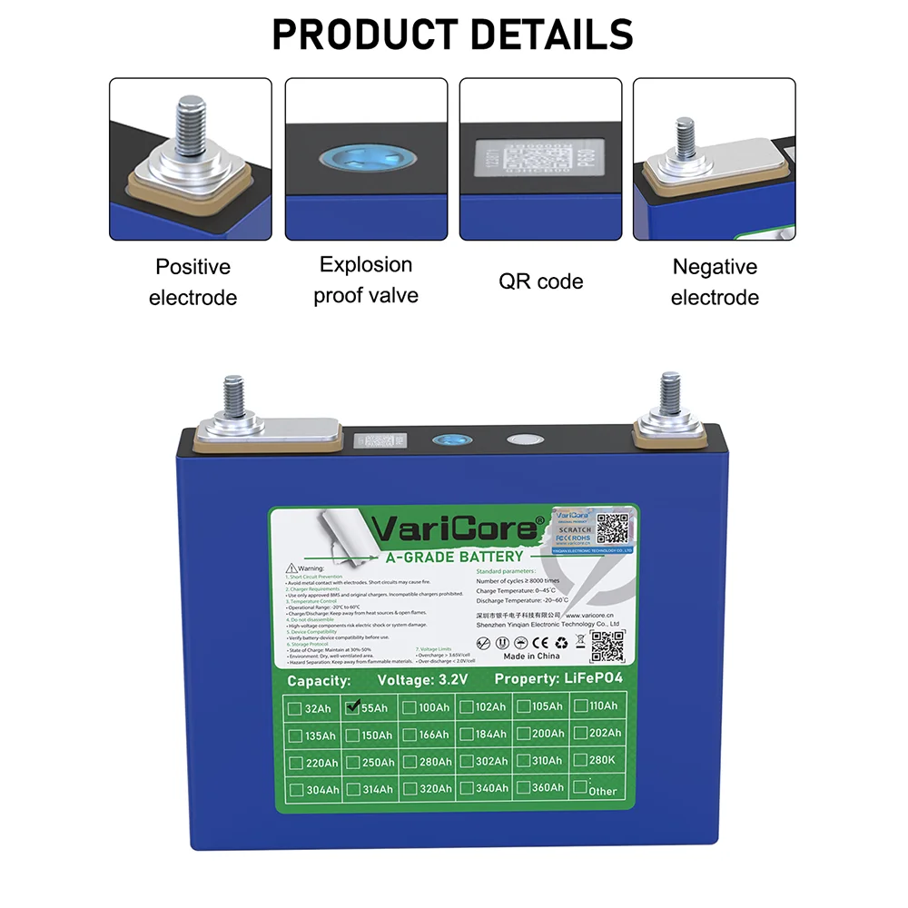 3.2V 55Ah LiFePO4 Battery Pack Phosphate 55000mAh batteries for 12V 24V Golf cart 3C Motorcycle Car Motor Modification M6 Stud