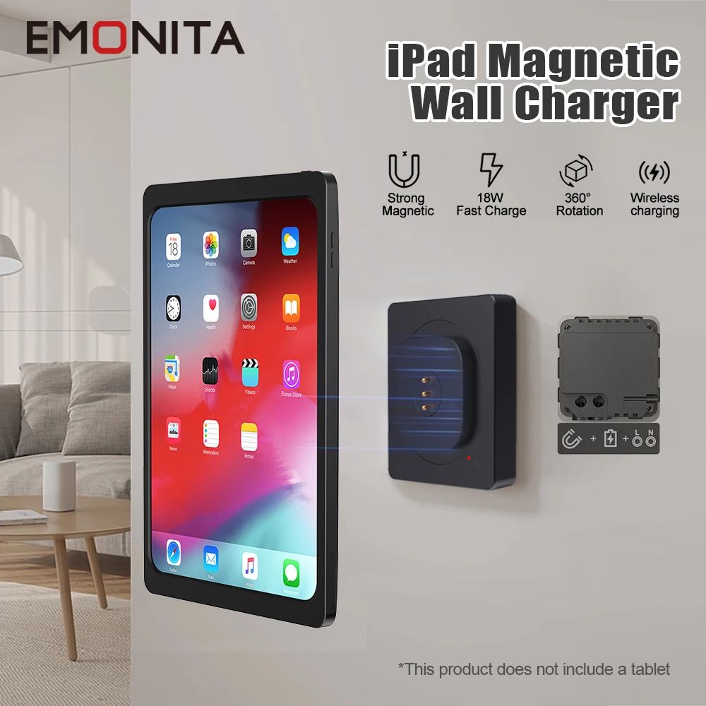 

EMONITA Wall Mount Charger with iPad Charging Case, 100-250V AC18W Charger Magnetic Tablet Holder Strong Magnets & 360 Rotation