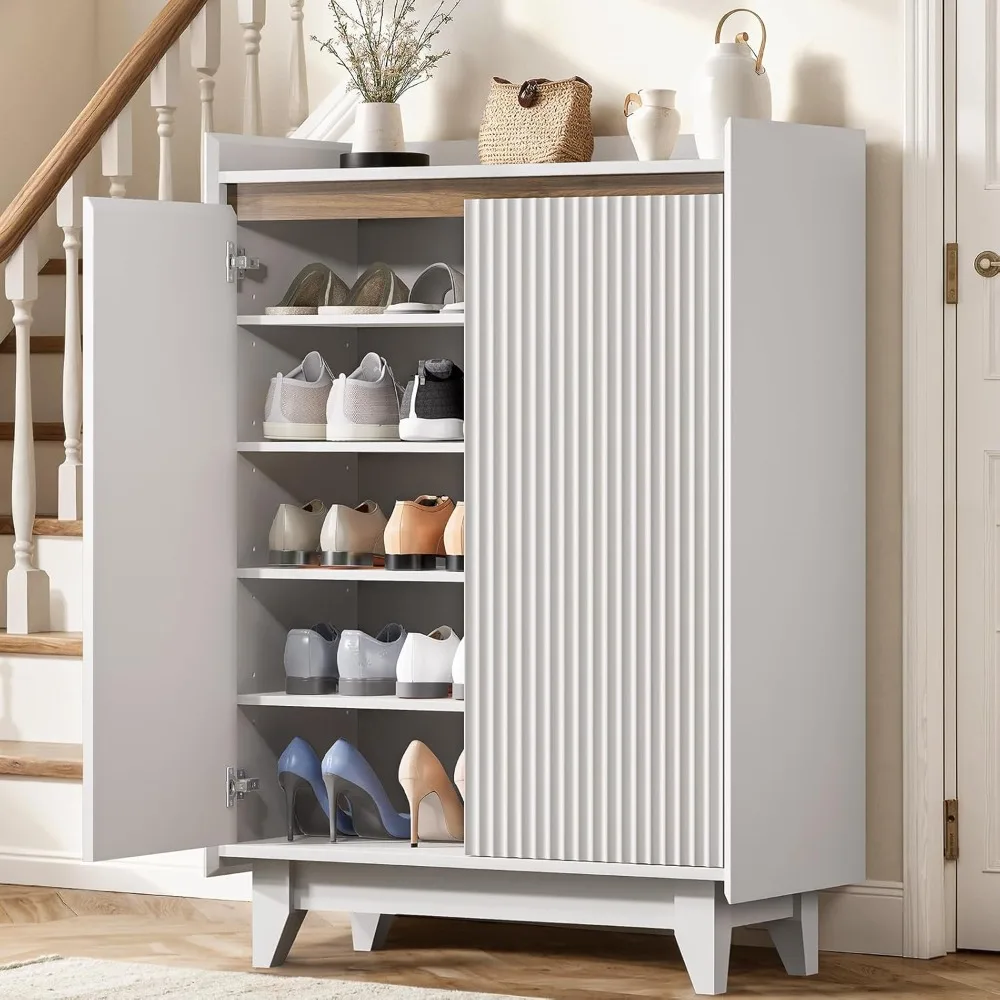 

Shoe Cabinet, 43.7" Tall Fluted Shoe Storage Organizer Cabinet, 5-Tier Shoe Storage Cabinet with Doors and Shelves