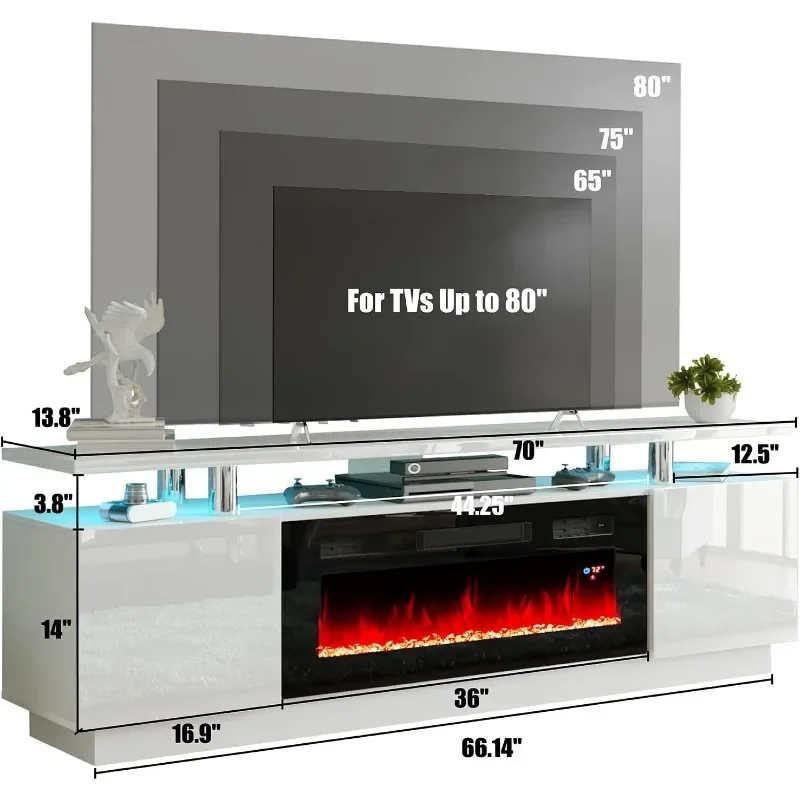 AMERLIFE-Meuble TV cheminée avec lumières LED, cheminée 36 ", cheminée 70", centre de divertissement moderne à haute brillance