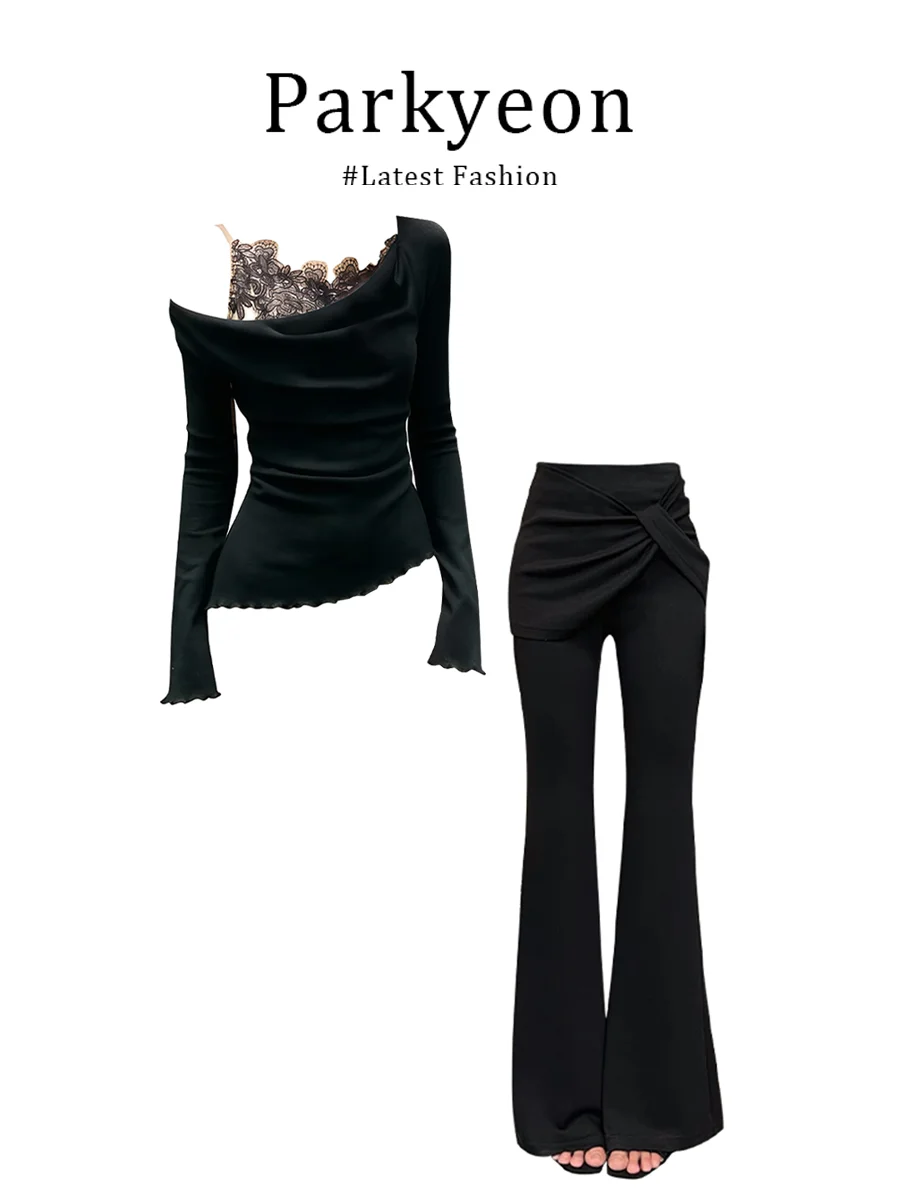 High Waist Flared Pants Set Women's Knitted Lace Top Fake Two-Piece Ensemble Casual Winter Fashion plus Size Korean Style