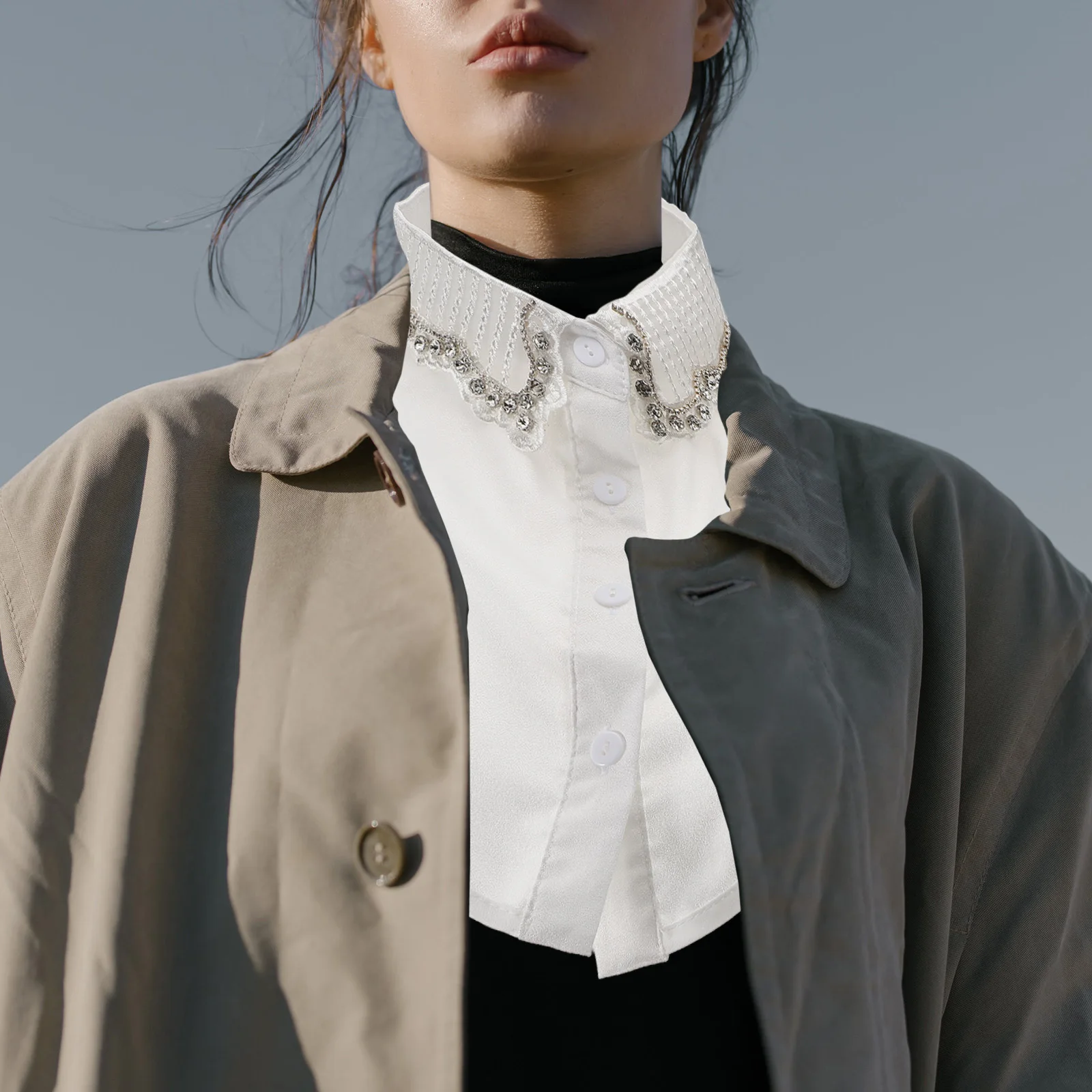 

Fake Detachable Collar Polyester Yarn Chiffon Dickey Rhinestone Half Shirt Blouse Collar for Spring Autumn Winter Sweaters Coats