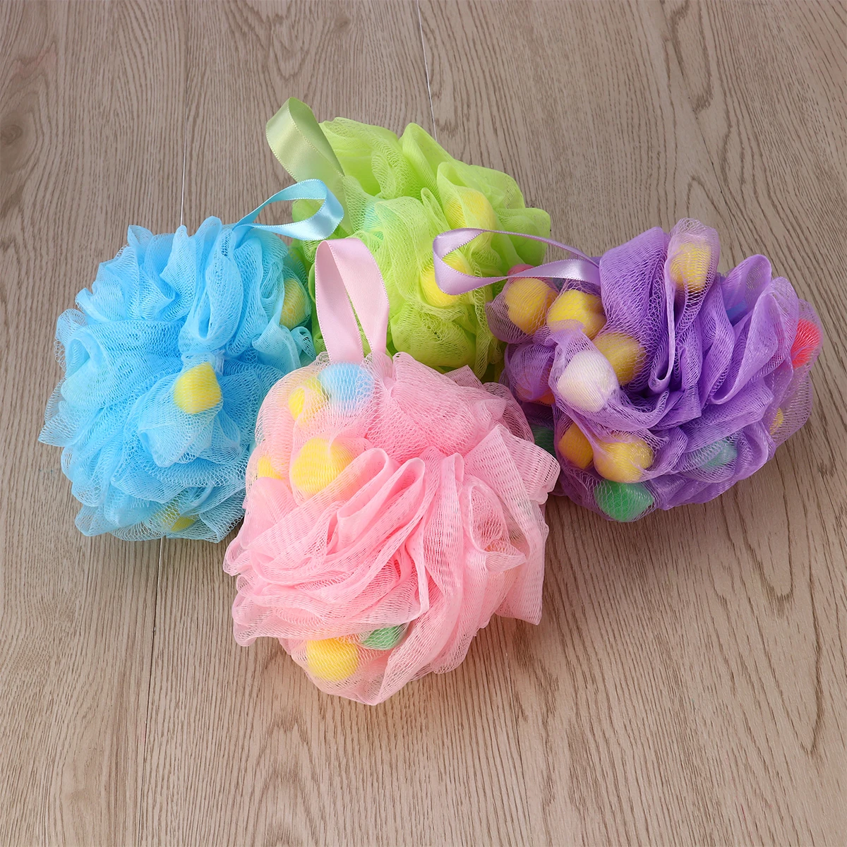 

4pcs Bathing Balls Mesh Sponge Durable Lightweight Colorful Hanging String Wall Bath Salt Exfoliating Adult Home Use
