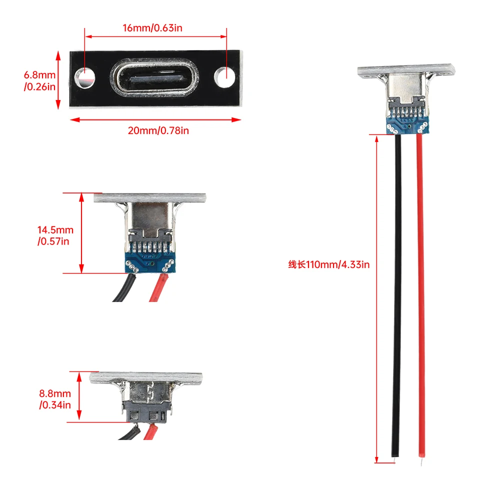 Jack USB a 2 pin Porta dati di ricarica Porta di ricarica impermeabile di tipo C Linea di striscia 2P di connettore femmina con giunto a saldare