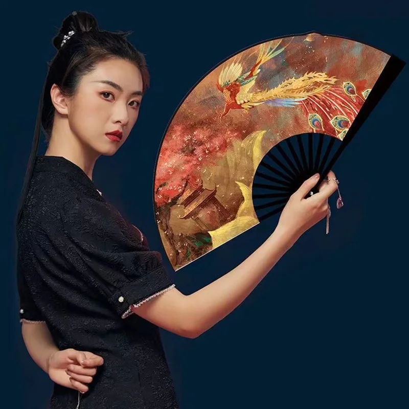 Chinese Style National Tide Big Folding Fan Summer OutdoorDomineering Hand Bamboo and Wood Inkjet Canvas Home Decor