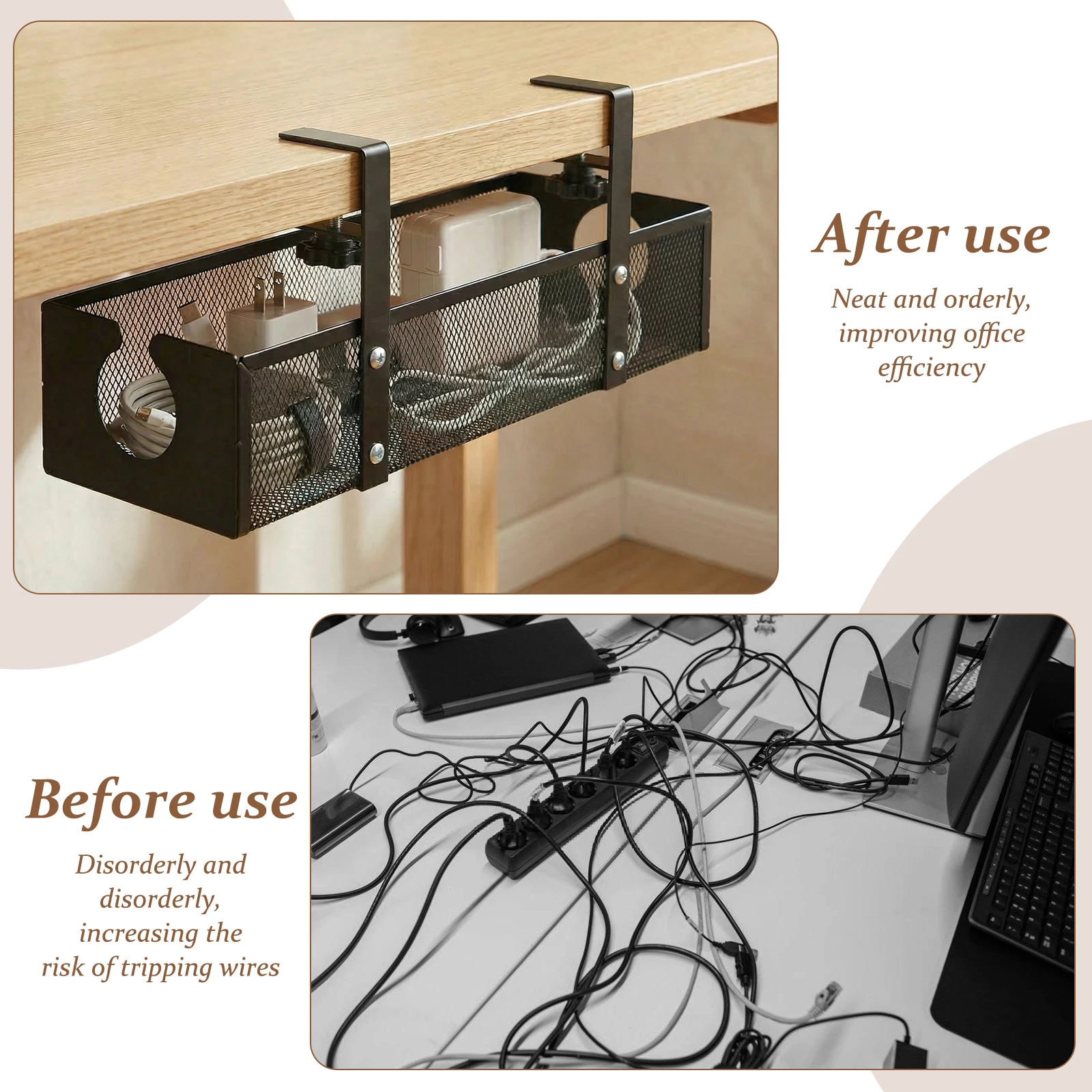Under Desk Cable Management Tray Metal Hanging Office Desk Storage Basket No Drilling Cable Tray for Table Thickness up to 1.97" image 5