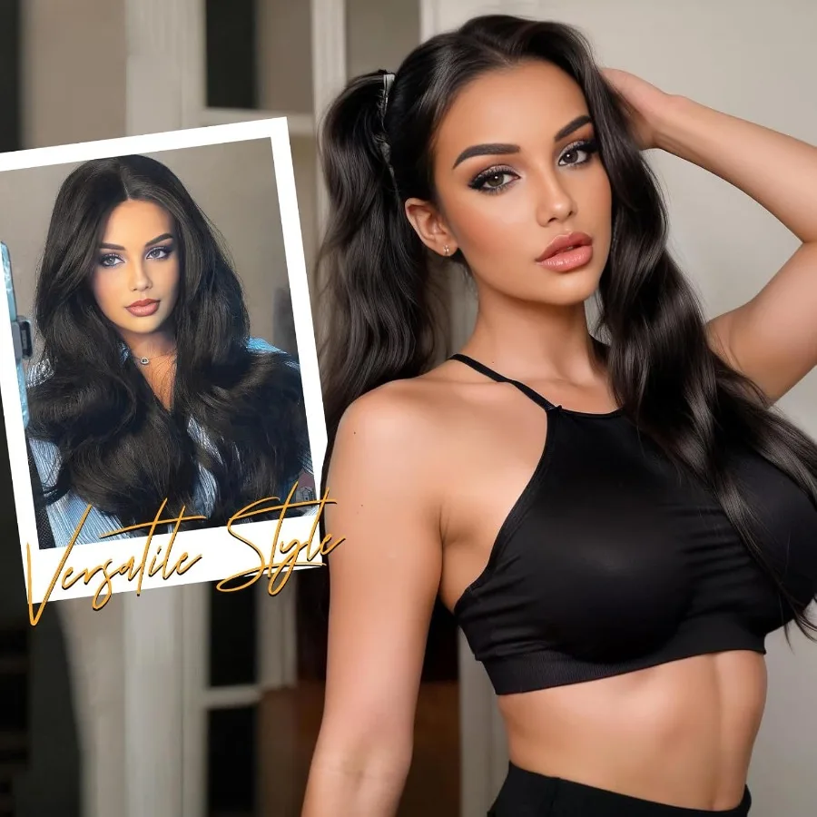 وصلات شعر بمشبك على شكل حرف V وصلات شعر صناعية مموجة باللون البني والأسود مع 5 مشابك آمنة للنساء مثالية للاستخدام اليومي