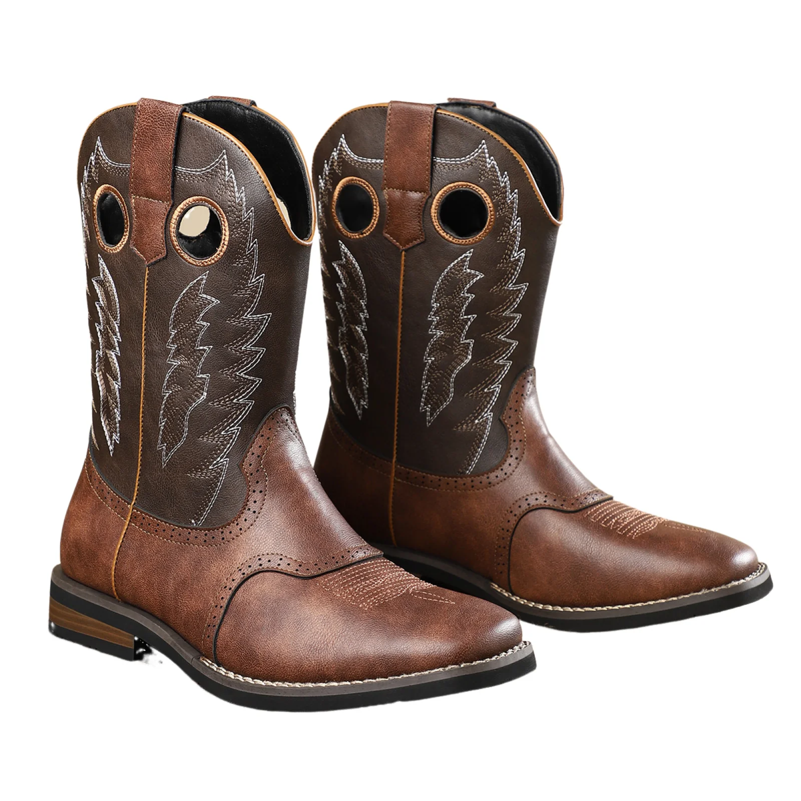 Men Western Cowboy Boots Round Toe Embroidered Calf Boots Retro Casual Riding Boots Thick Heel Multi-Colored 4