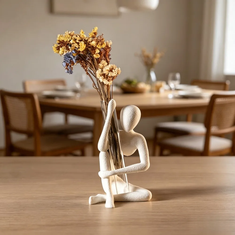 Abstract Human Figurine Flower Vase Modern Minimalist Sculpture with Glass Tube Creative Dry Flower Holder and Home Decor