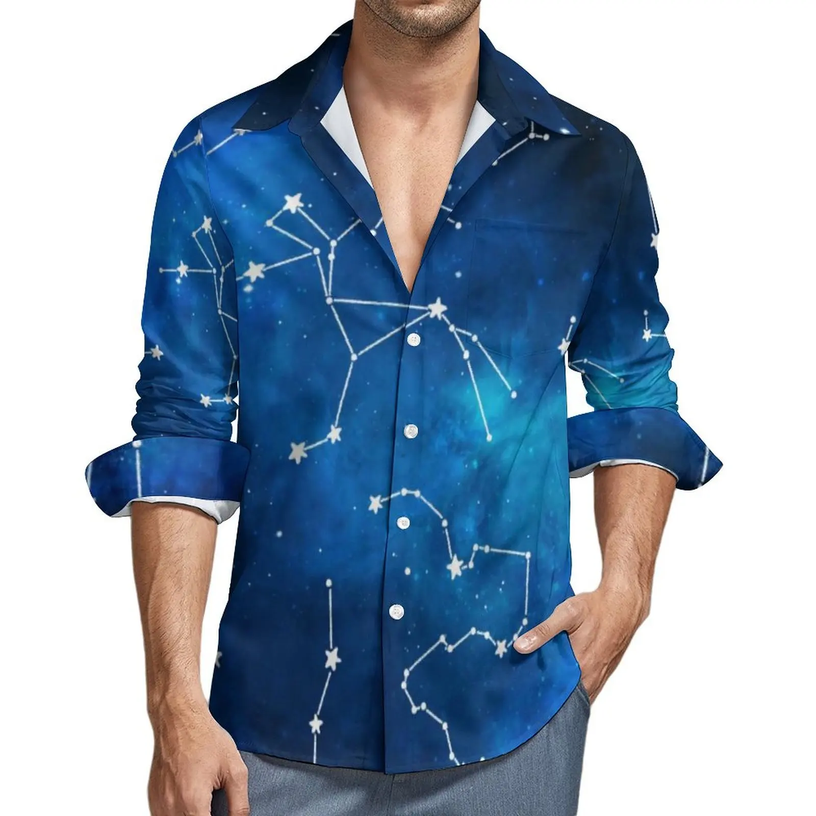 Blue Galaxy Blouse Man Sky Map Constellation Astronomy Shirt Long Sleeve Classic Street Style Casual Shirts Spring Clothes