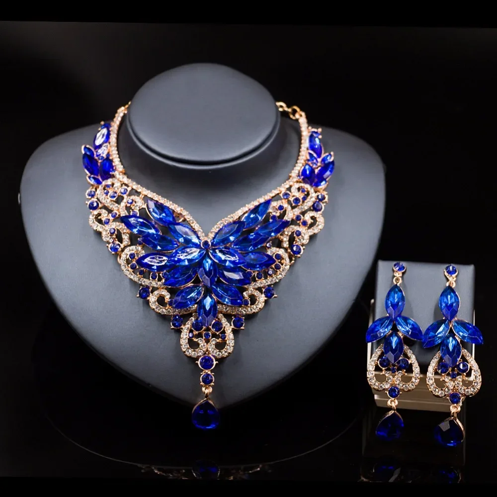 Fashion crystal-jewelry kolye vintage crystal jewelry Flower Statement Necklace earings For Women nigerian wedding african