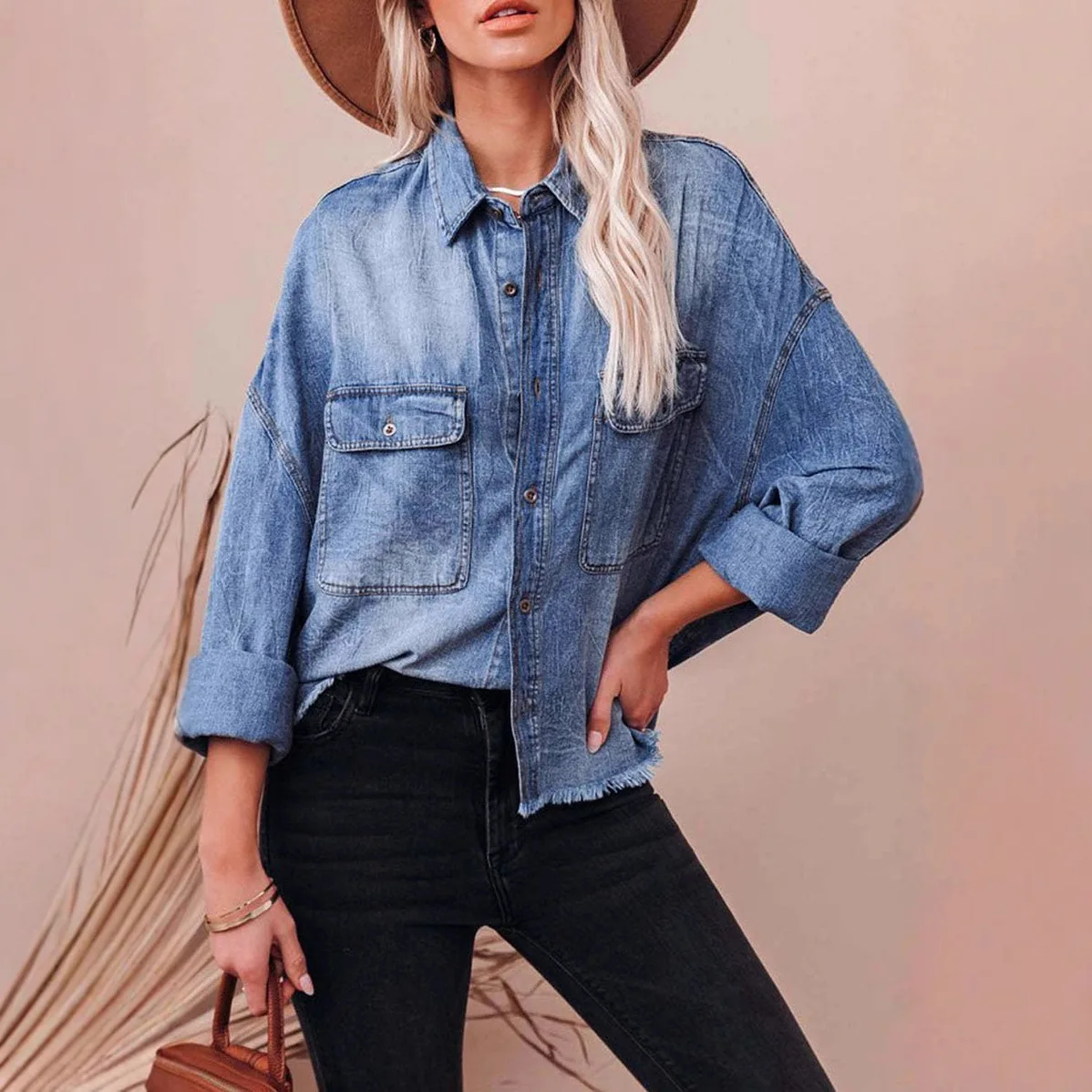 

2025 Spring New Vintage Loose Drop Shoulder Sleeve Denim Shirt Women Blue Large Pocket Utility Style Long Sleeve Top