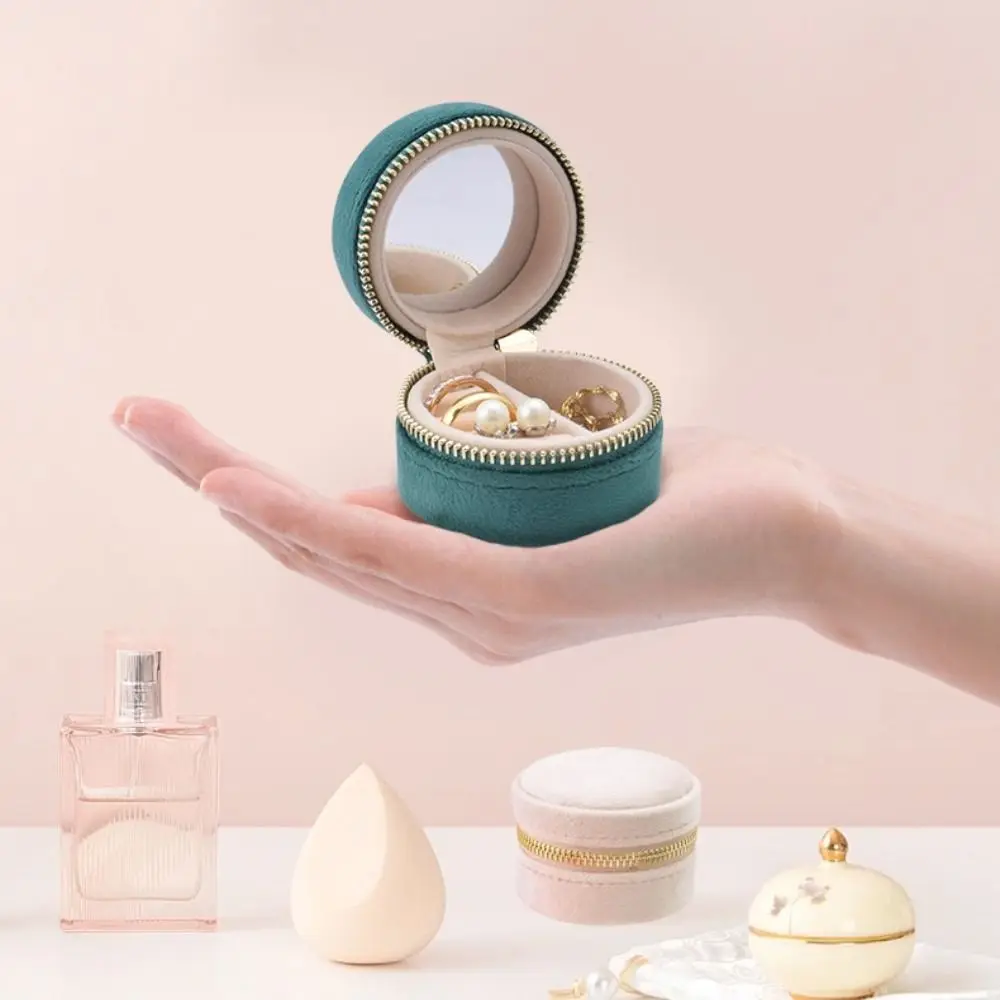 

Fashion Round Shape Velvet Jewelry Box Dustproof Zipper Jewelry Case Mini Bracelet Organizer Earrings Rings Bag Travel