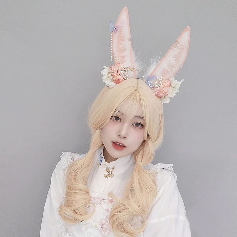 Anime opaska uszy królika z kwiatem Anime królik uszy nakrycia głowy akcesoria Cosplay JK Girl impreza z okazji Halloween rekwizyty do Cosplay