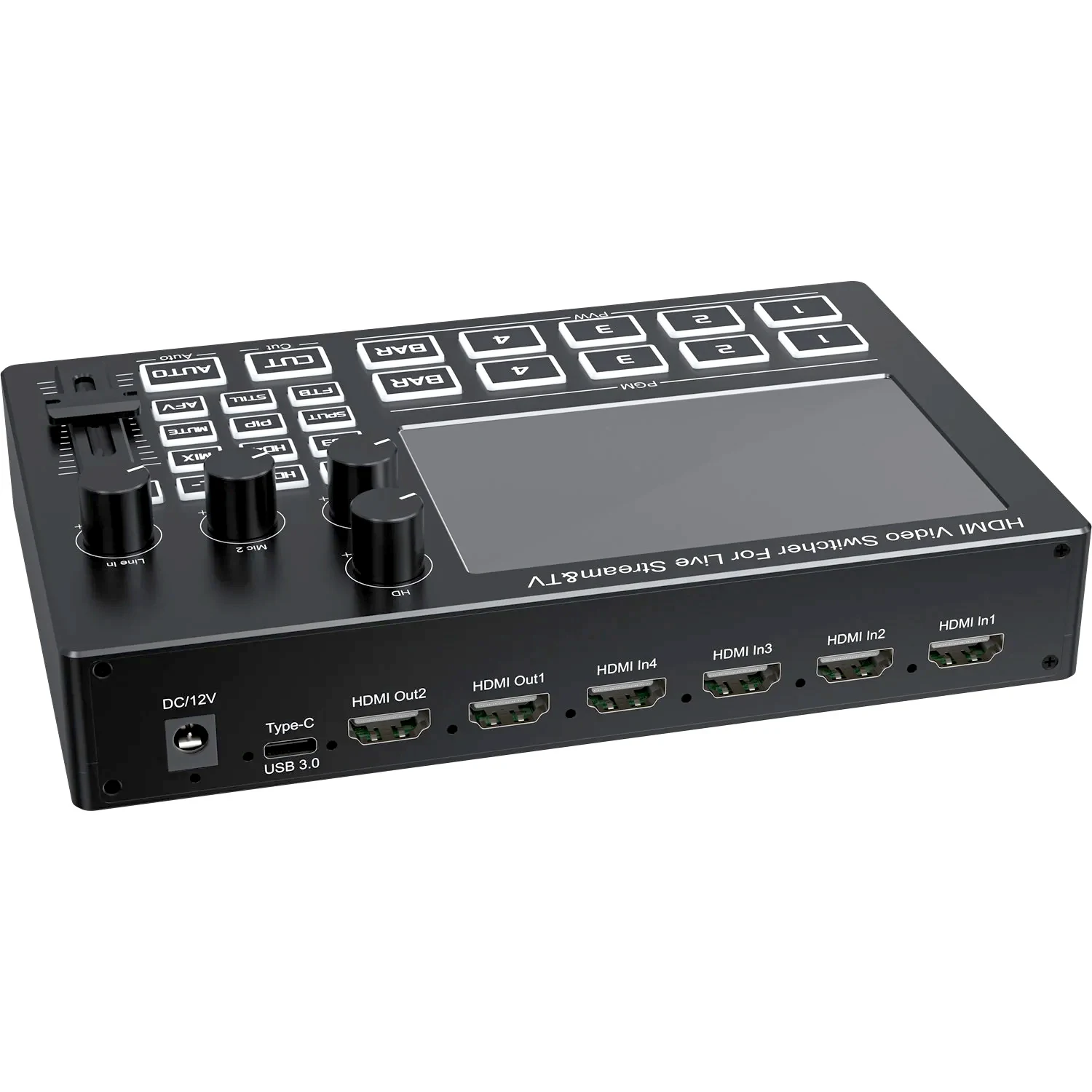 1080p 4 Channel HDMI Video Switcher with 5 Inch Screen Mic Line in Audio Mixer for Camera Live Streaming Video Capture Record