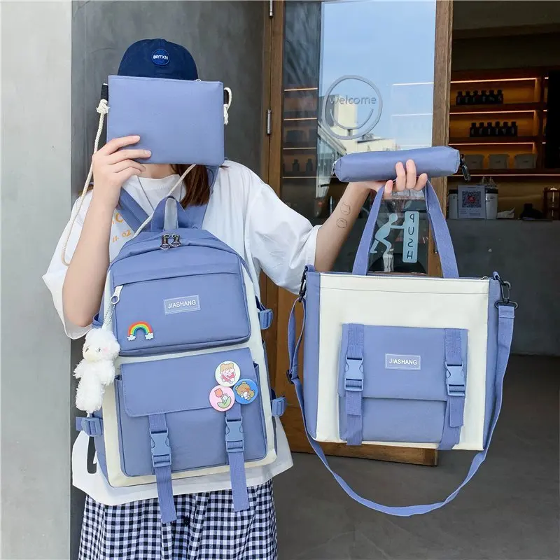 Sacos De Escola De Lona para Meninas Adolescentes, Mochila Mulheres Kawaii, Mochila Laptop Estudante Universitário, Mochilas, 4Pcs Set