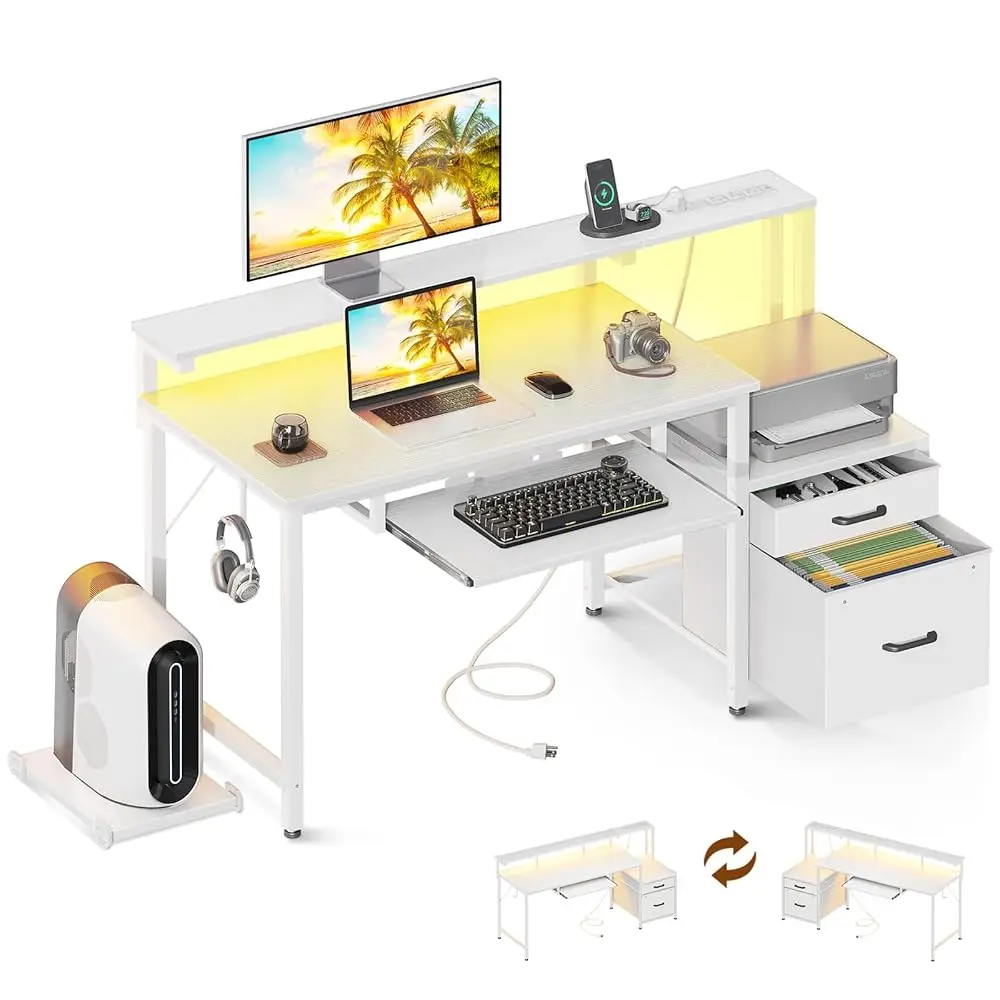 

48"" Computer Desk With Fabric File Cabinet And Drawer, Reversible Office Desk With Power Outlet And Led Light, Study Desk With