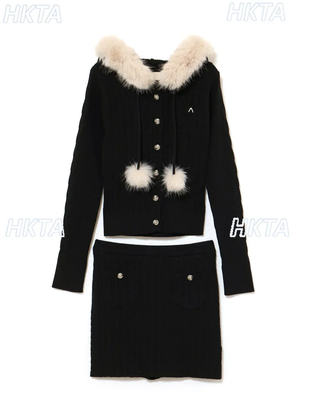 

Japanese Style Autumn Commuter New Sweet Slim Fit Long Sleeve Plush Hooded Cardigan Sweater Knitted Skirt Two Pieces Set Women