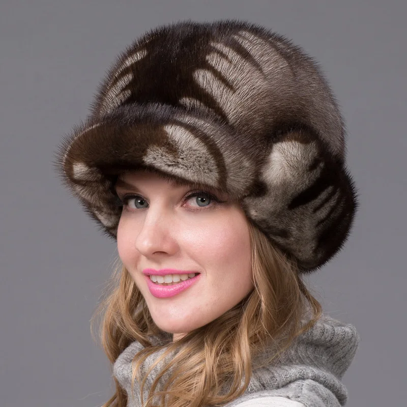 Whole Mink Mink Hair Real Fur Hat European and American Fashion Tiger Pattern Mink Skin Women's Duck Tongue Hat Zidong