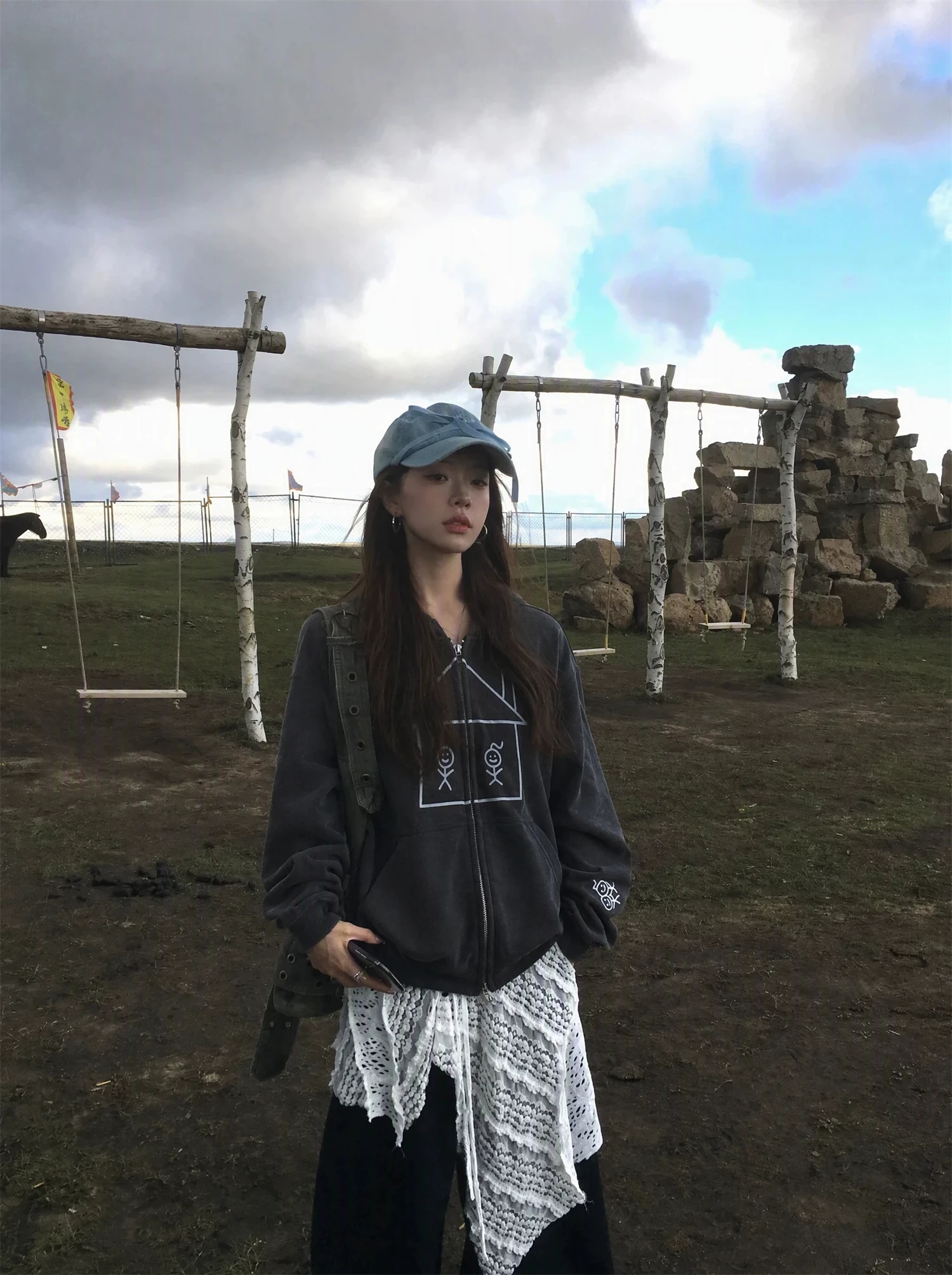 Vintage Washed Gray Zip Up Hoodie Women Cartoon House Print Long Sleeve Oversized Retro Casual Streetwear Ladies Coat