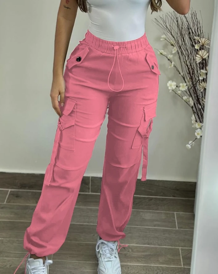 

Women's Pants 2024 Spring Fashion Pocket Design Drawstring High Waist Casual Plain Daily Long Cuffed Cargo Pants Y2K Streetwear