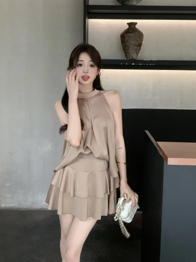 French Elegant Matching Sets Halter Sleeveless Tops High Waist Ruffles Stitching Mini Skirt Summer Fashion 2 Piece Skirts Suits