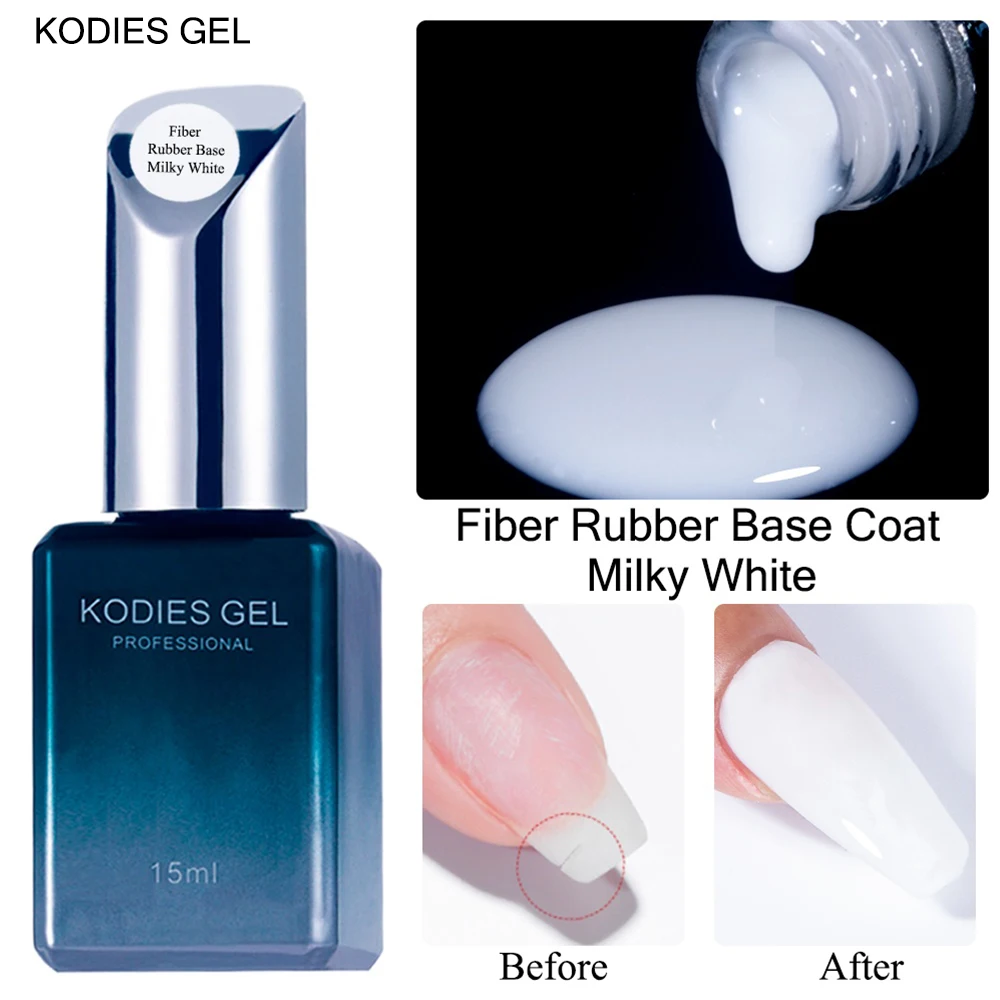 KODIES GEL Milky White Fiber Rubber Base Coat Gel Nail Polish Semi Permanent UV/LED Clear Natural Gel Fix Crack Damaged Nails