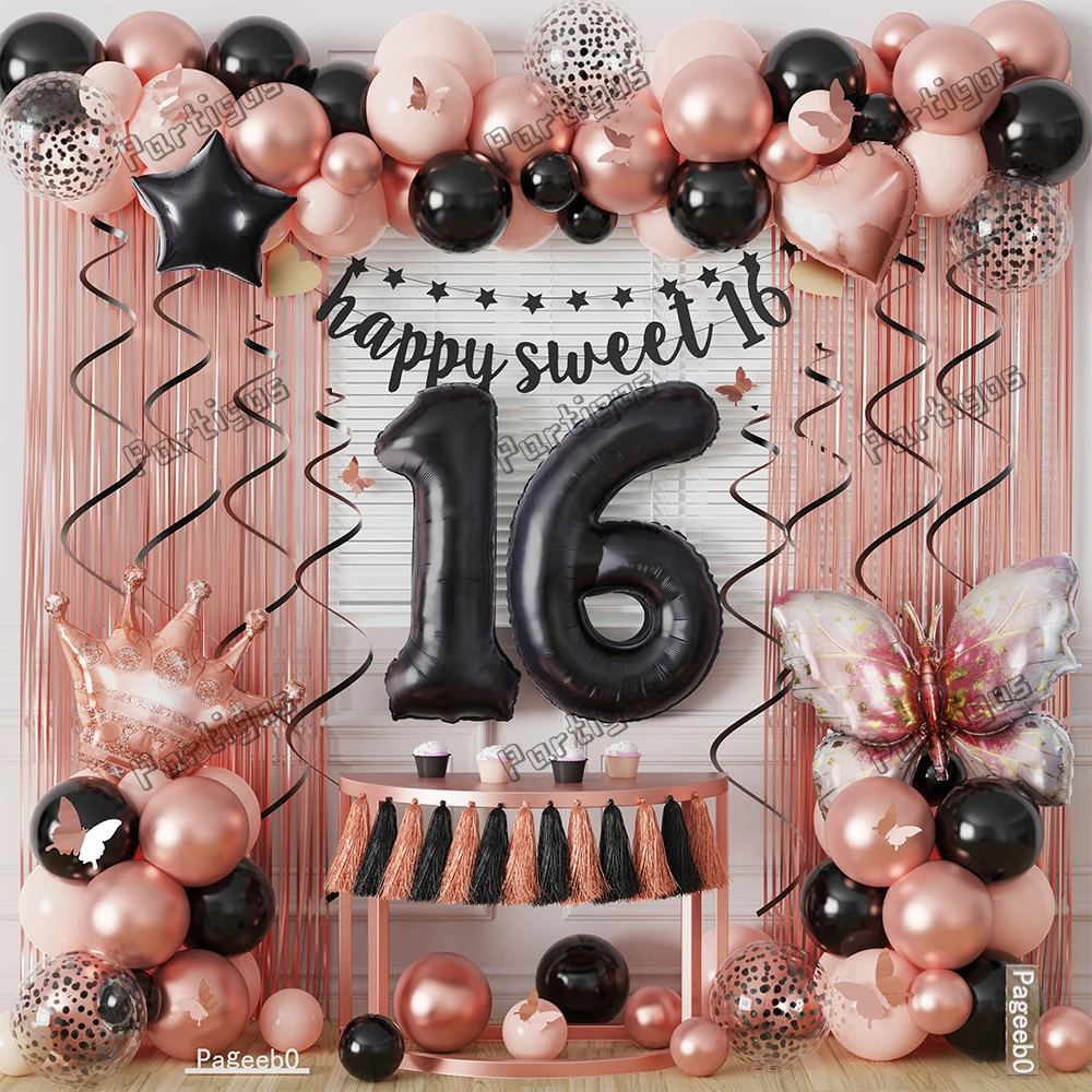 

50/62Pcs DIY Butterfly Balloons Set Black Rose Gold Latex Balloon Pink Paper Flower Bridal Butterfly Themed Birthday Party Decor