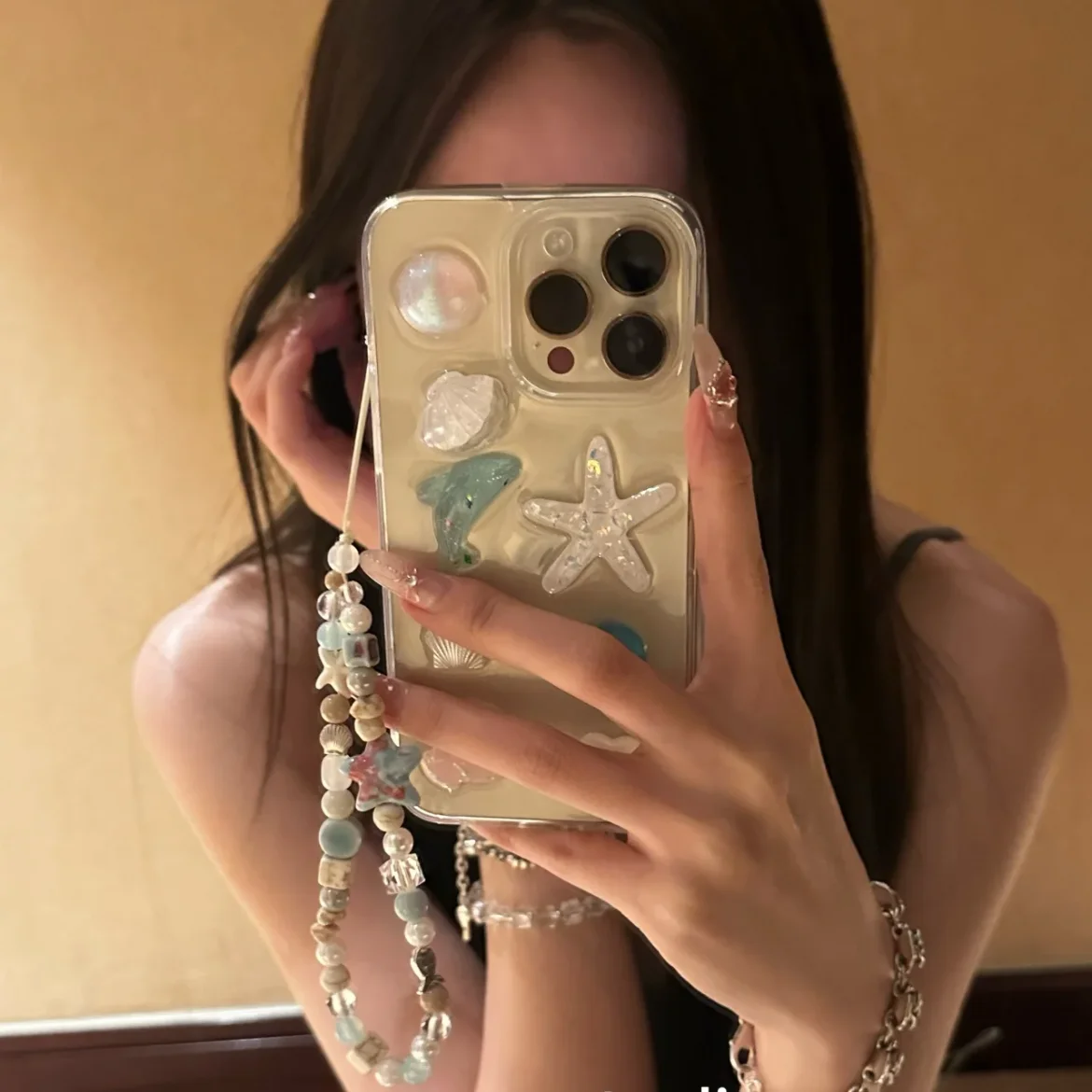 

3D Shell Star Dolphin Phone Case for iPhone 16 Pro Max 15 Plus 14 Pro 13 12 11 XSMax xr Transparent with Chain Back Cover