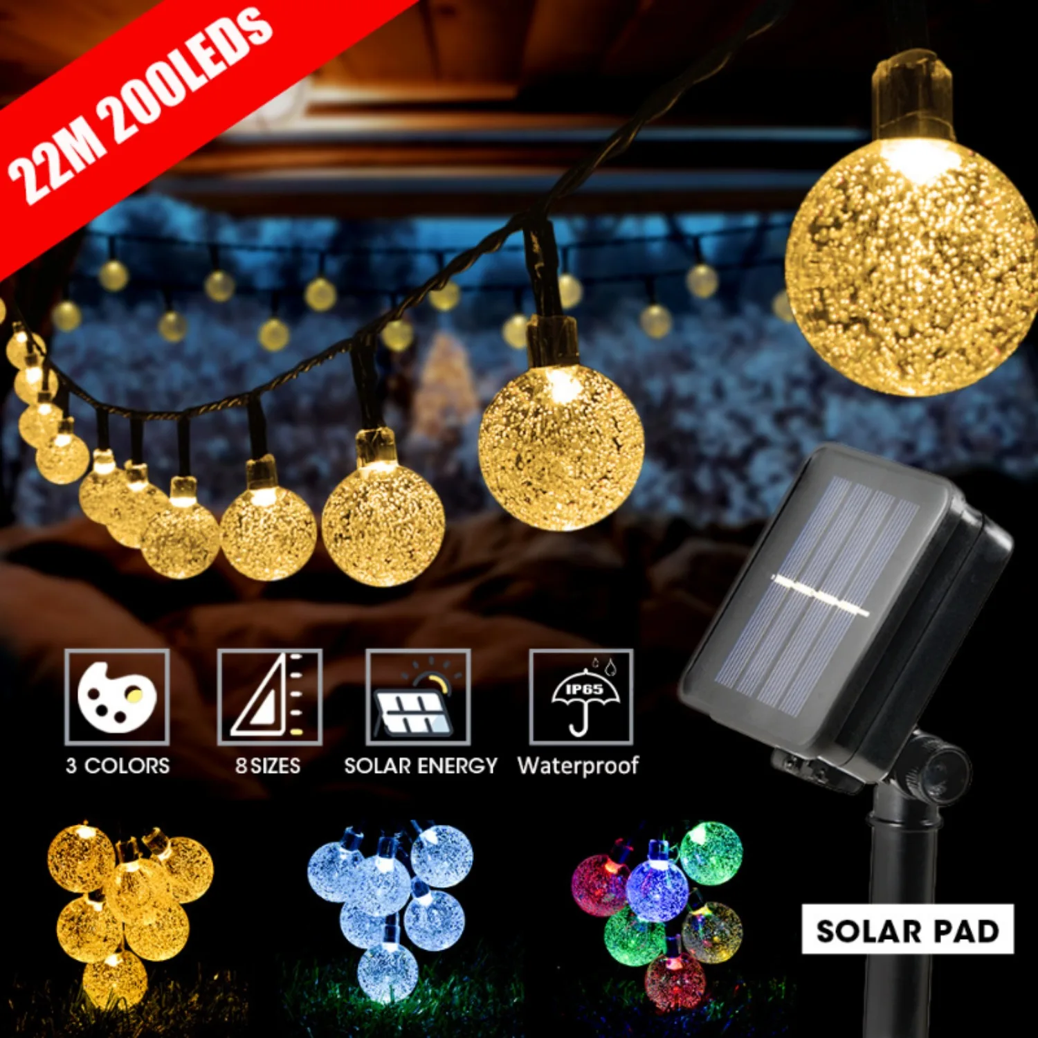 Solar String Lights Outdoor 200 Led Crystal Globe Lights com 8 Modos Impermeável Solar Powered Pátio Luz para Jardim Xmas Decor