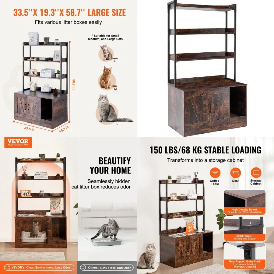 

Cat Litter Box Enclosure Wooden Litter Box Furniture Hidden with 3 Shees