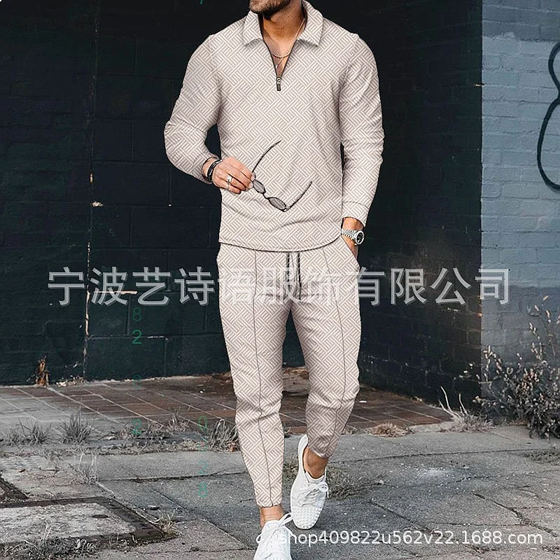 

Men's Casual Contrast Color Polo Zip Up Long Sleeve Shirt Set Men's Tracksuit Jogger Set
