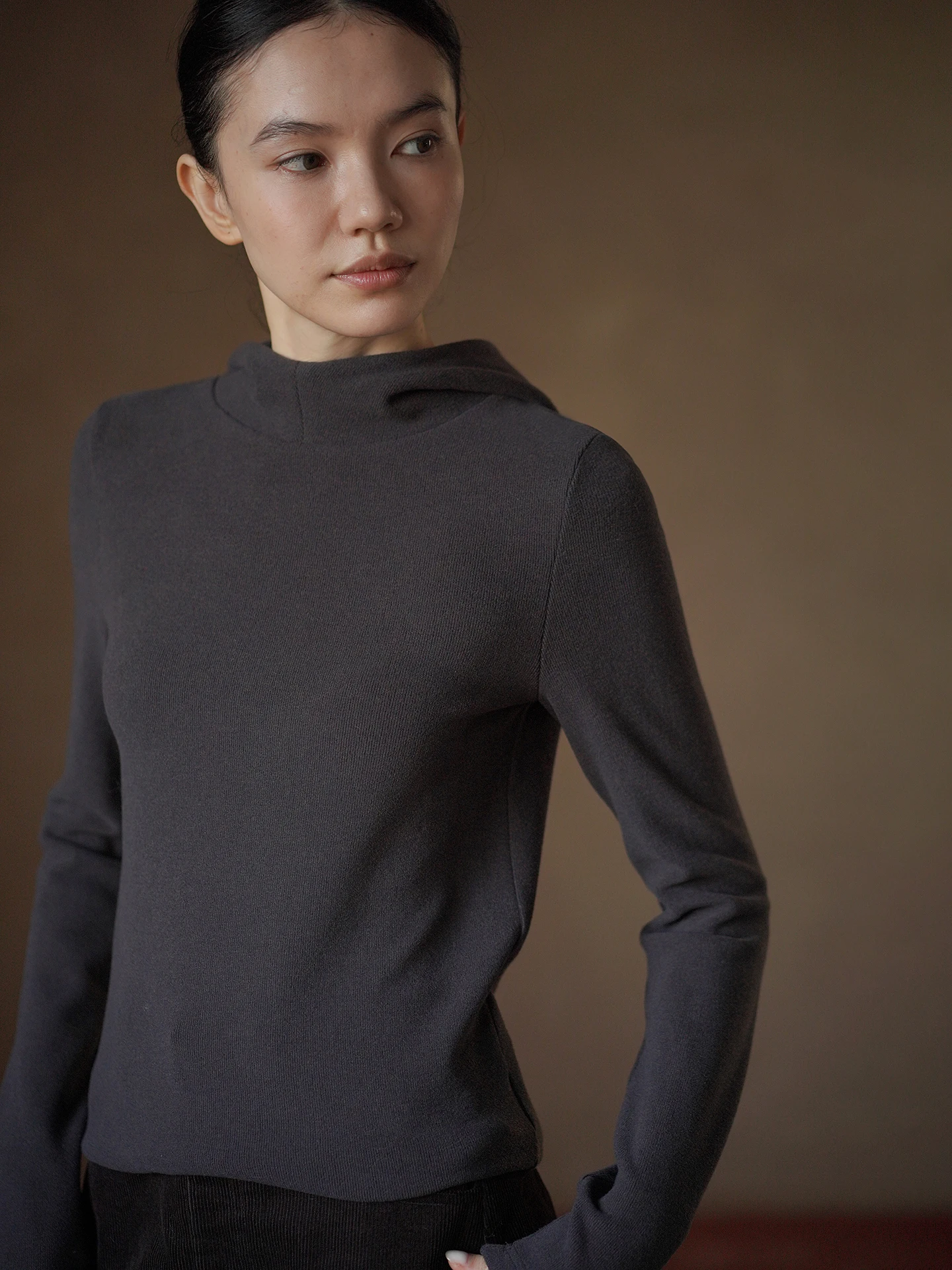 Hacikis Miss Soft Furry Feel Simple Hooded Stand Collar Fitted Warm Inner Wear Slimming Layering Casual Top for Women