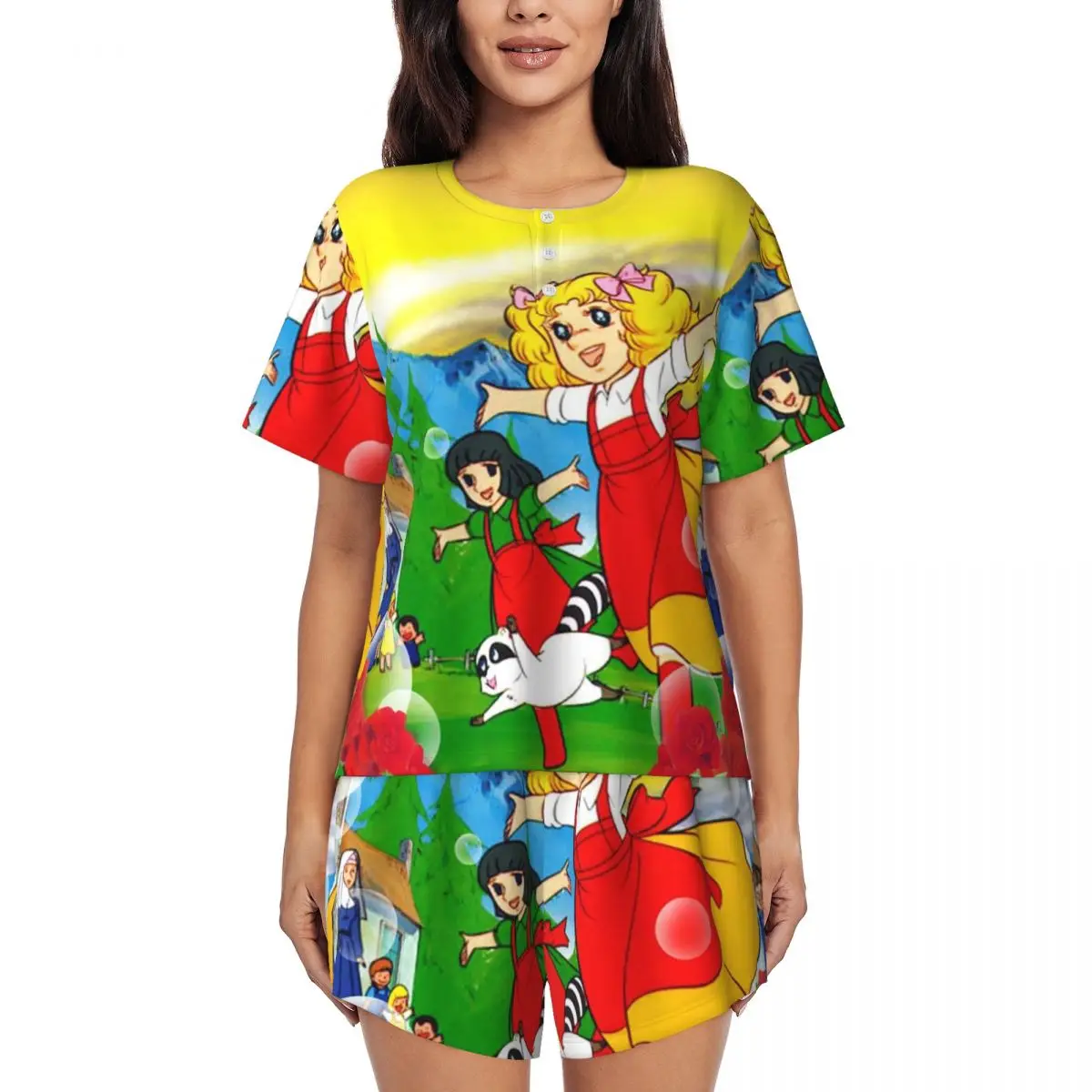 Custom Candy Candy Anime Pajamas Set Women's Short Sleeve Kawaii Japan Cartoon Sleepwear Loungewear 2 Piece Pjs