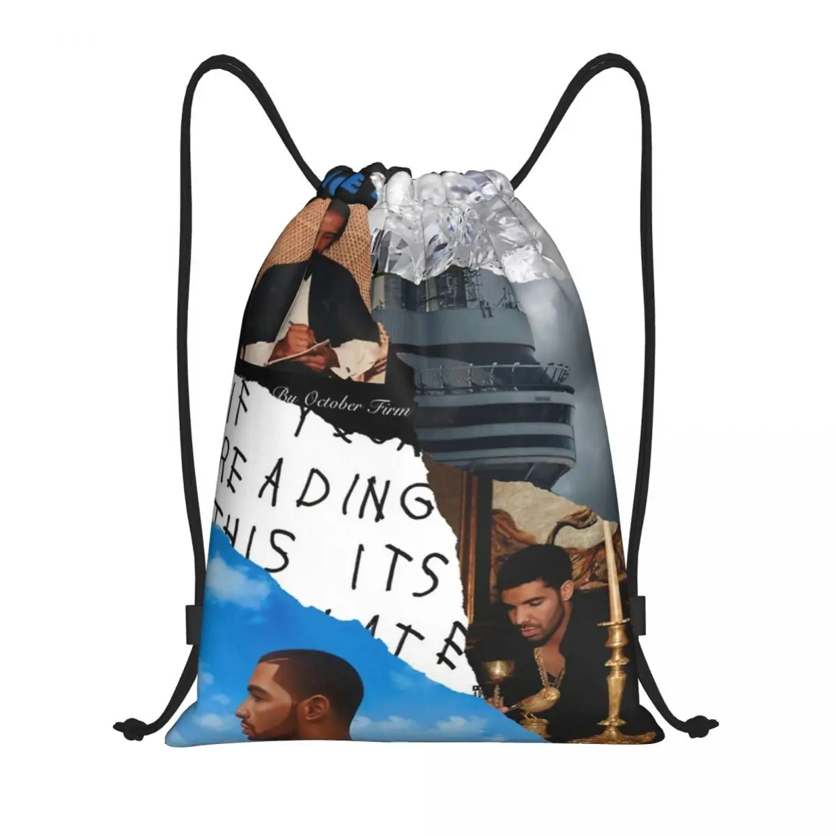 Albums Drake Collage Drawstring Backpack Sports Gym Bag Rapper Drakes Hip Hop String Sackpack for Hiking