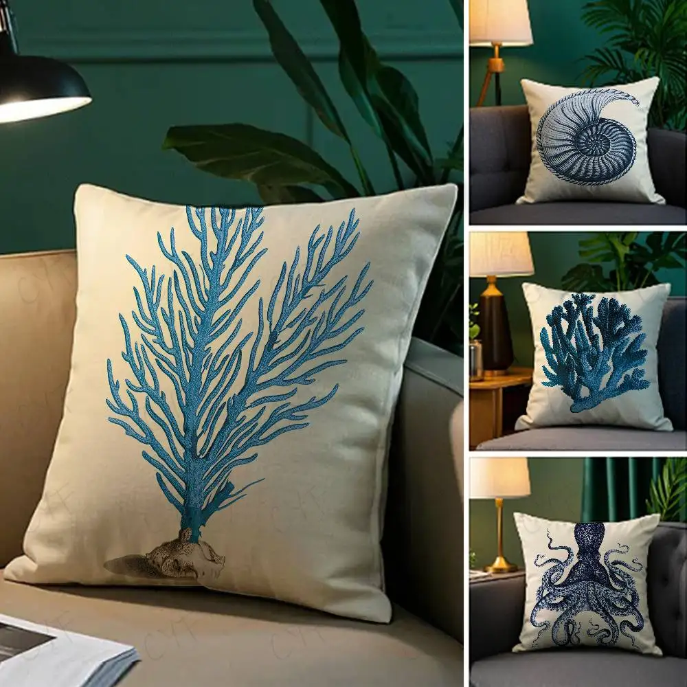 Blue marine organism coral shrimp Double-sided Printed pillow cover Short plush Suitable living rooms sofas throw cushion cover
