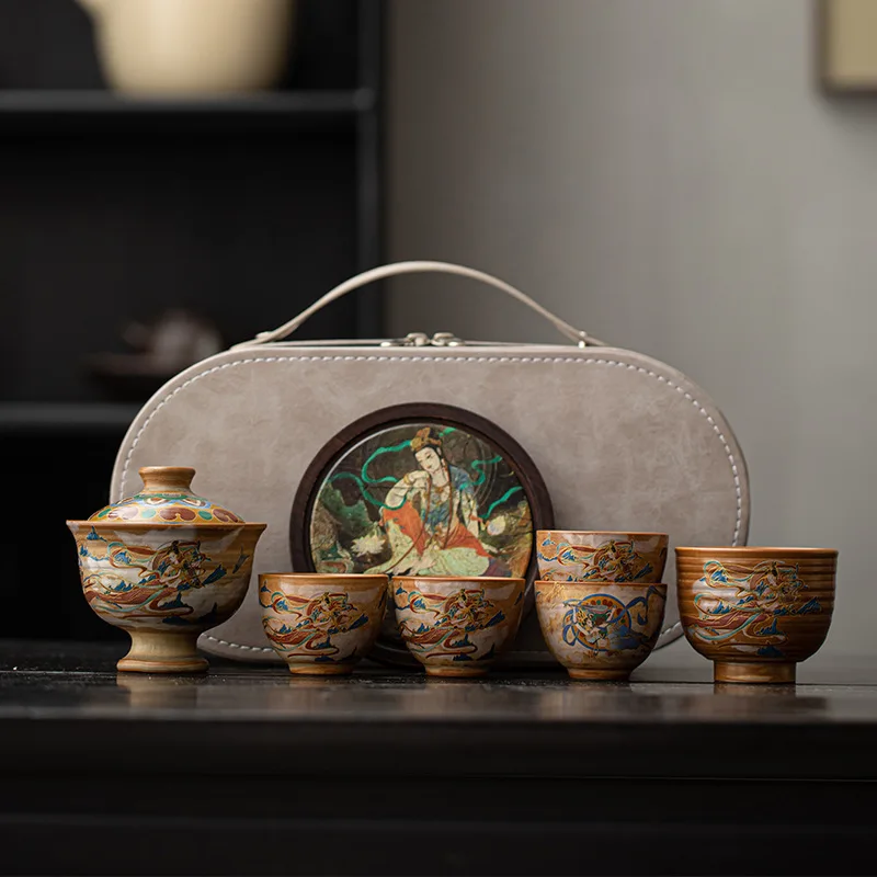 

Dunhuang Feitian pure handmade tea set teacup cover bowl teapot set kung fu tea set Chinese style gift giving