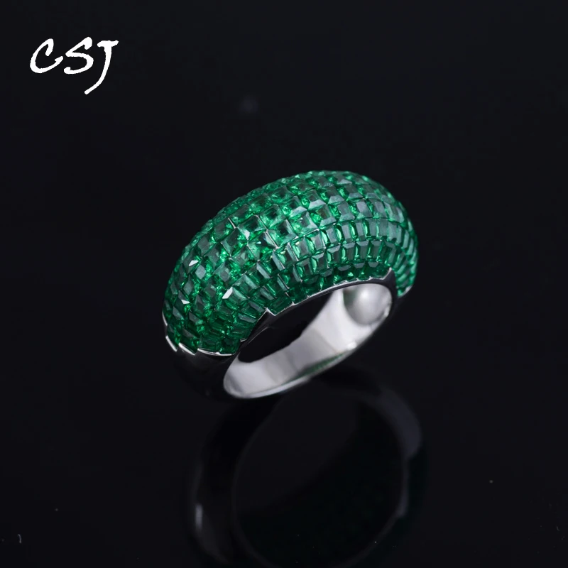 CSJ Borderless Inlaid Emerald Rings Sterling 925 Silver Created Gemstone Spinel Fine Jewelry for Women Birthday Party Gift